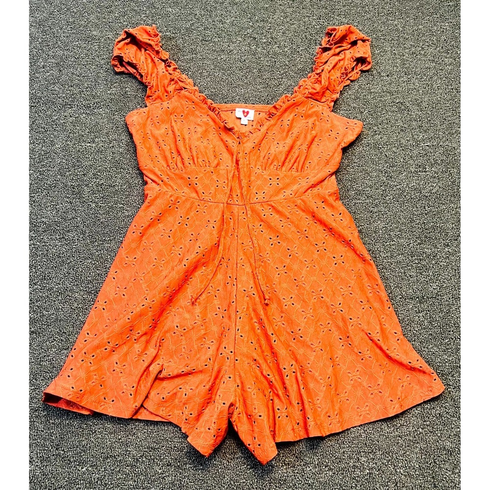Heart & Heels Eyelet Romper Womens XL Orange Lined Sleeveless Casual V Neck